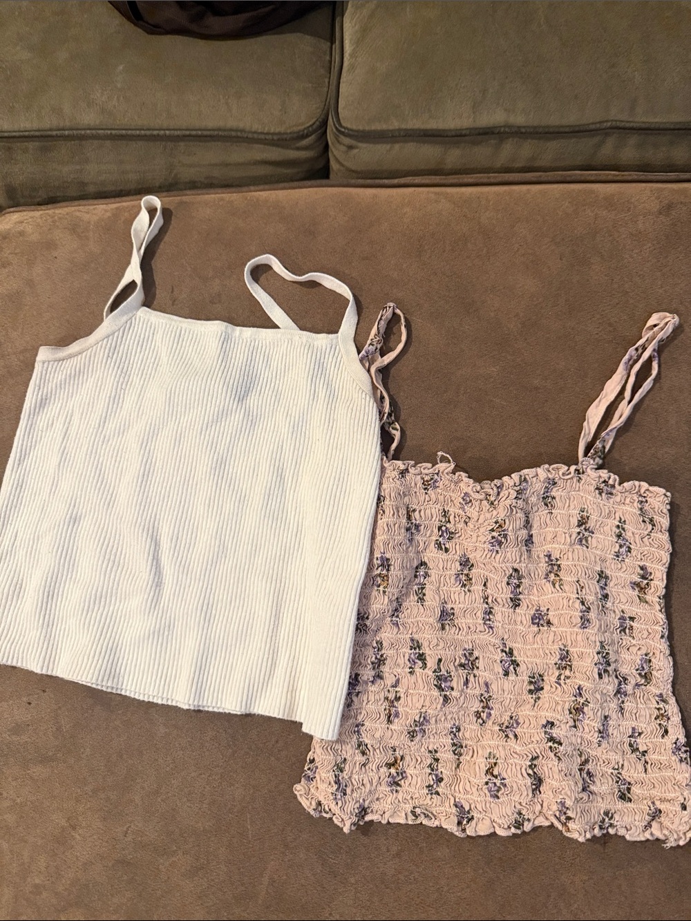 Brandy Melville White Ribbed Camisole & Pink Floral Smocked Camisole